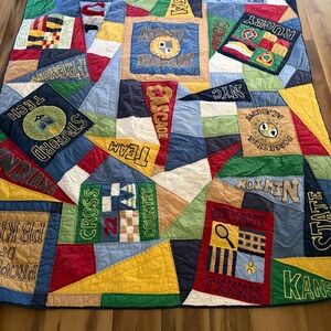 Pottery Barn Kids Light Blue Quilted Patchwork Blanket with Navy Accents